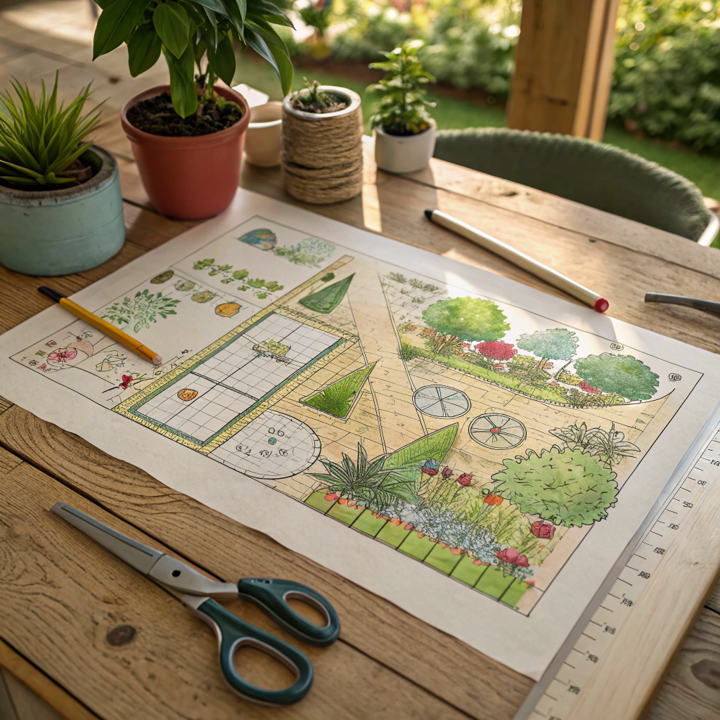 Landscape design blueprint on drafting table