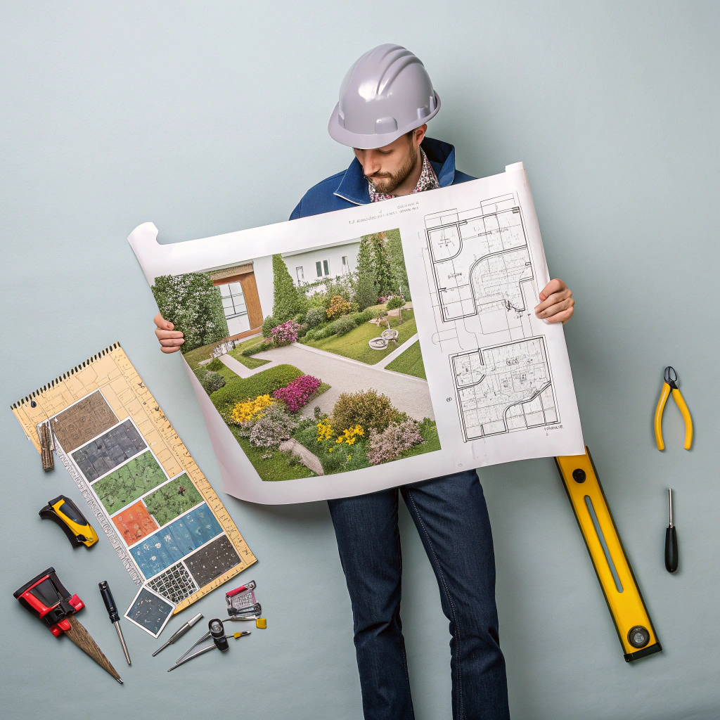 Landscape architect reviewing garden plans on site